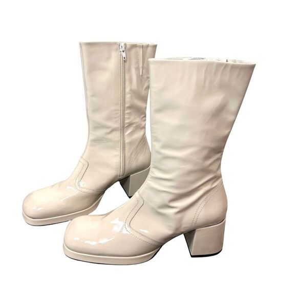 Miista Cass Boots 40 Cream White Patent Leather Block Heel Square Toe High Tall - Picture 4 of 16